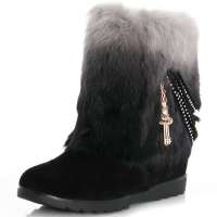 皮尔世绅冬季新品华丽水钻金属链磨砂牛皮皮草靴926903黑色36码