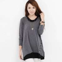 韩都衣舍韩国女装拼接假两件长袖纽扣T恤JK2047灰色 M