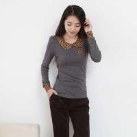 韩都衣舍韩国女装波点娃娃领长袖T恤LZ1063灰色 M