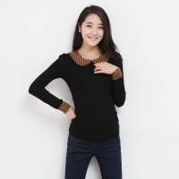 韩都衣舍韩国女装波点娃娃领长袖T恤LZ1063黑色 M