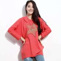 韩都衣舍韩国女装圆领蝙蝠袖五星长袖T恤FP2028橘色 M