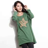 韩都衣舍韩国女装圆领蝙蝠袖五星长袖T恤FP2028绿色 M