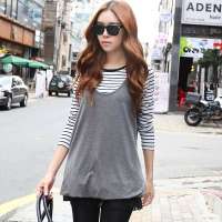 韩都衣舍韩国女装假两件套长袖条纹T恤HH1358灰色 S