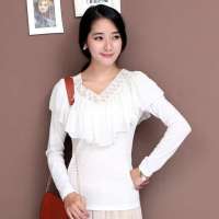 韩都衣舍韩国女装V领长袖蕾丝装饰纯色修身T恤EK1460象牙色 S