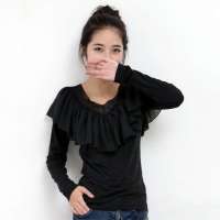 韩都衣舍韩国女装V领长袖蕾丝装饰纯色修身T恤EK1460黑色 S