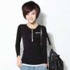 韩都衣舍韩国女装纽扣蕾丝长袖修身T恤OR2065黑色 M