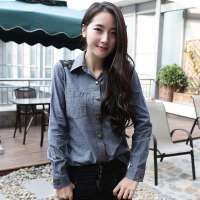 韩都衣舍韩国女装蕾丝修身显瘦牛仔衬衫LC2030深蓝色 S