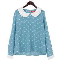 韩都衣舍韩国女装装宽松小狗印花衬衫GQ2071蓝色 M