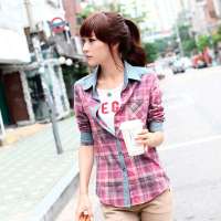 韩都衣舍韩国女装中长款长袖格子衬衫HH2048粉色 L
