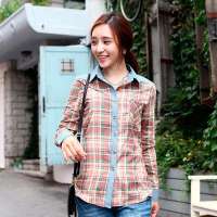 韩都衣舍韩国女装中长款长袖格子衬衫HH2048黄色 M