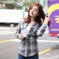 韩都衣舍韩国女装中长款长袖格子衬衫HH2048蓝色 S