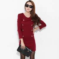 韩都衣舍韩国女装纯色圆领长袖连衣裙KR1036酒红色 M