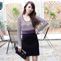 韩都衣舍韩国女装条纹拼接长袖连衣裙DL2002棕色  L