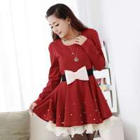 韩都衣舍韩国女装蝴蝶结长袖连衣裙HH2051红色 M