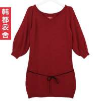 韩都衣舍韩国女装纯色V领针织连衣裙JW1152红色 M