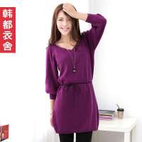 韩都衣舍韩国女装纯色V领针织连衣裙JW1152 紫色  M