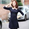 韩都衣舍韩国女装拼接圆领长袖连衣裙GJ1701藏蓝色 M