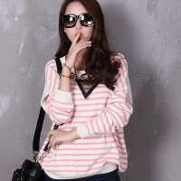 韩都衣舍韩国女装条纹蝙蝠袖套头针织衫HO2071 粉色M