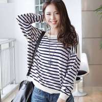 韩都衣舍韩国女装条纹蝙蝠袖套头针织衫HO2071 藏蓝色M