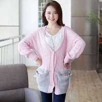 韩都衣舍韩国女装拼色开衫宽松针织衫LD2108 粉色M