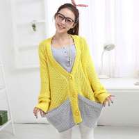 韩都衣舍韩国女装拼色开衫宽松针织衫LD2108 黄色M