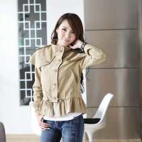 韩都衣舍韩国女装纯色长袖纽扣饰短外套KR2055 米色M
