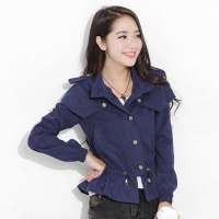 韩都衣舍韩国女装纯色长袖纽扣饰短外套KR2055 蓝色M