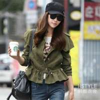 韩都衣舍韩国女装纯色长袖纽扣饰短外套KR2055 卡其色S