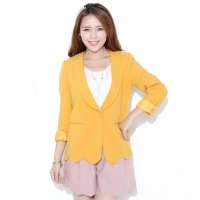 韩都衣舍韩国女装纯色一粒扣荷叶边长袖小西装DF2235 姜黄色M