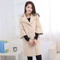 韩都衣舍韩国女装纯色翻领双排扣毛呢外套NF2051 粉色L