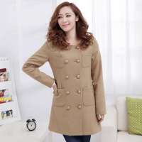 韩都衣舍韩国女装纯色双排扣长款毛呢外套女DU0528 米色M