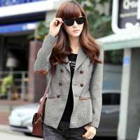 韩都衣舍韩国女装格子修身翻领长袖小西装OH1020 褐色S