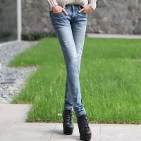 韩都衣舍韩国女装磨白小脚牛仔长裤OZ2033 蓝色M