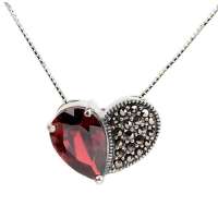 PINKKING复古银 千年心 银镶石榴石经典心形吊坠(赠送925银项链一根)