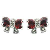 PINKKING  泰银复古银镶石榴石可爱小巧蝴蝶结耳钉