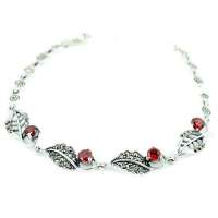 PINKKING  925银复古银镶石榴石秋日落叶手链