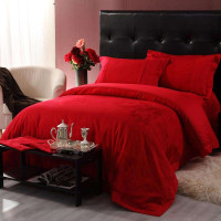 水星家纺 全棉提花婚庆四件套  花的嫁纱 1.8m床4 红色