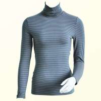 红豆居家女士高端时尚条纹高领长袖薄款蛋白质纤维打底内衣蓝黄条(160)1n014