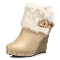 Caerphilly卡芙琳坡跟裸靴短靴绒里雪地靴女靴女鞋CL2622-03米色35