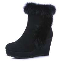 Alcazar阿卡莎冬款牛二层皮奢华兔毛绒里磨砂坡跟雪地靴短靴女TB2617-03黑色39