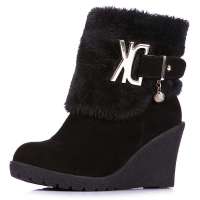 Alcazar阿卡莎磨砂皮棉里金属饰扣坡跟高跟骑士靴女短靴TB013-2黑色35