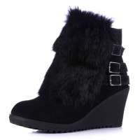 Alcazar阿卡莎牛二层皮优雅兔毛超柔内里皮带扣坡跟女短靴子TB2626-01黑色35