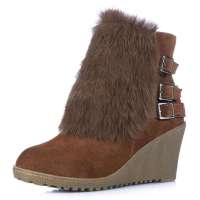 Alcazar阿卡莎牛二层皮优雅兔毛超柔内里皮带扣坡跟女短靴子TB2626-01驼色36
