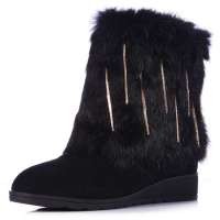 Alcazar阿卡莎冬款牛皮兔毛靴筒流苏圆头平底短靴TB9003-1黑色37