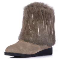 Alcazar阿卡莎冬款牛皮兔毛靴筒流苏圆头平底短靴TB9003-1卡其色39