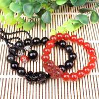 晶心依恋 天然红玛瑙黑曜石貔貅手链吊坠四件套装