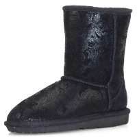 IUGGIRL保暖防滑时尚凤尾印花牛皮中筒雪地靴110830010凤尾黑色38