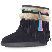 IUGGIRL奢华兔毛彩色流苏时尚牛皮中筒雪地靴110830074黑色38