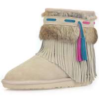 IUGGIRL奢华兔毛彩色流苏时尚牛皮中筒雪地靴110830074桦树色37