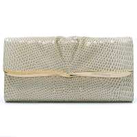 CROCODILE(鳄鱼恤) 新款 蟒蛇纹时尚大牌 金属横条装饰票夹钱包女式 16217009 米白色